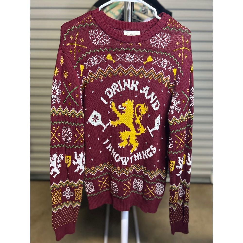 Game of Thrones Sweater Mens L Maroon I Drink And I Know Things Lannister Sigil
